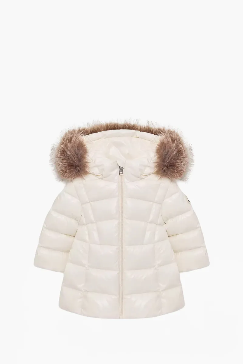 MONCLER Children Emma Hooded Puffer Jacket in White Nylon Glossy Finish 0