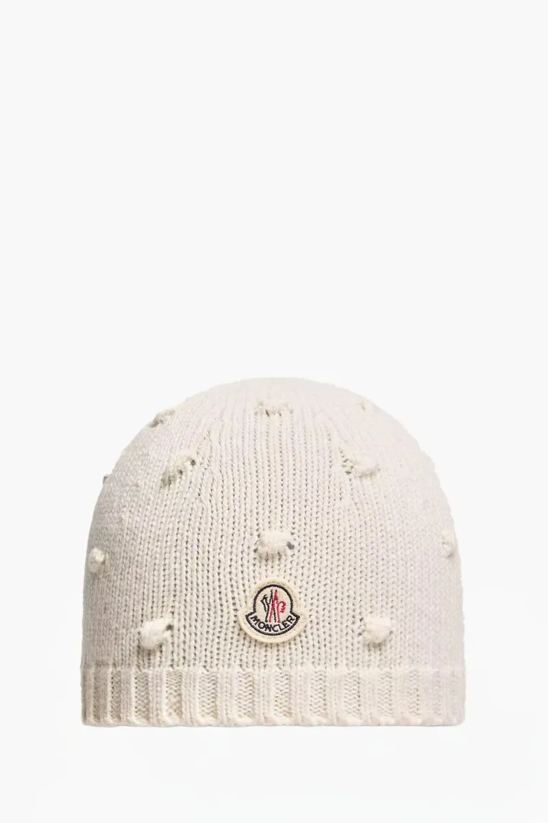 MONCLER Baby Logo Patch Beanie in White Wool and Cashmere 0