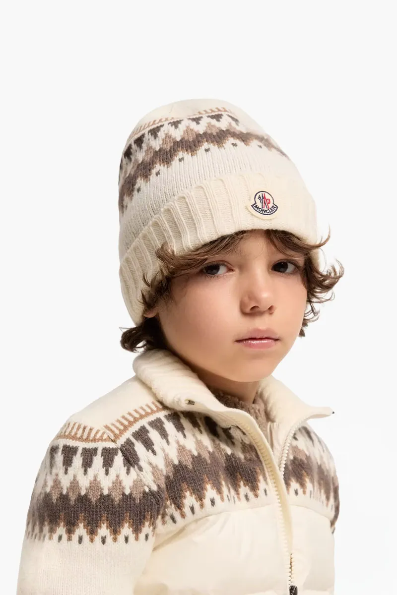 MONCLER Enfant Jacquard Knit Beanie in White Wool 2