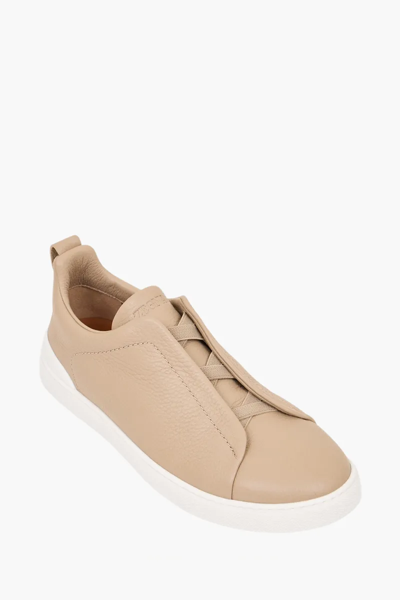 ZEGNA Men Triple Stitch Low Top Sneakers in Cream Deerskin 2