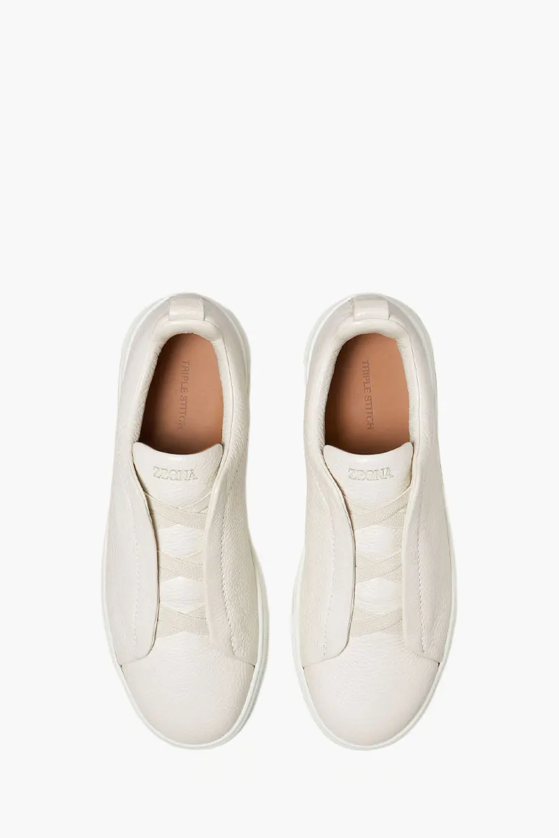 ZEGNA Men Triple Stitch Low Top Sneakers in White Deerskin 3