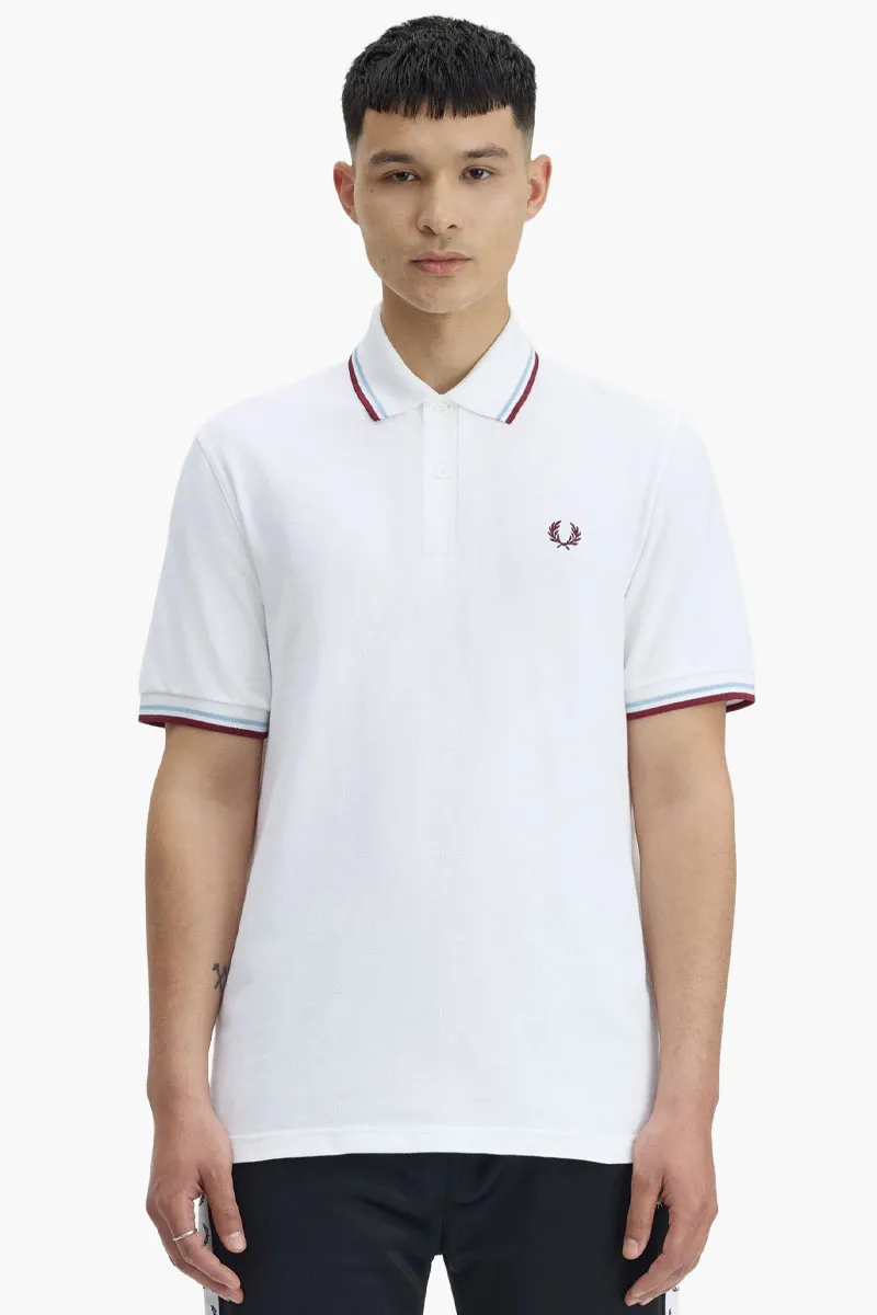 FRED PERRY Men The Original Twin Tipped Polo Shirt in White/Ice/Maroon 1