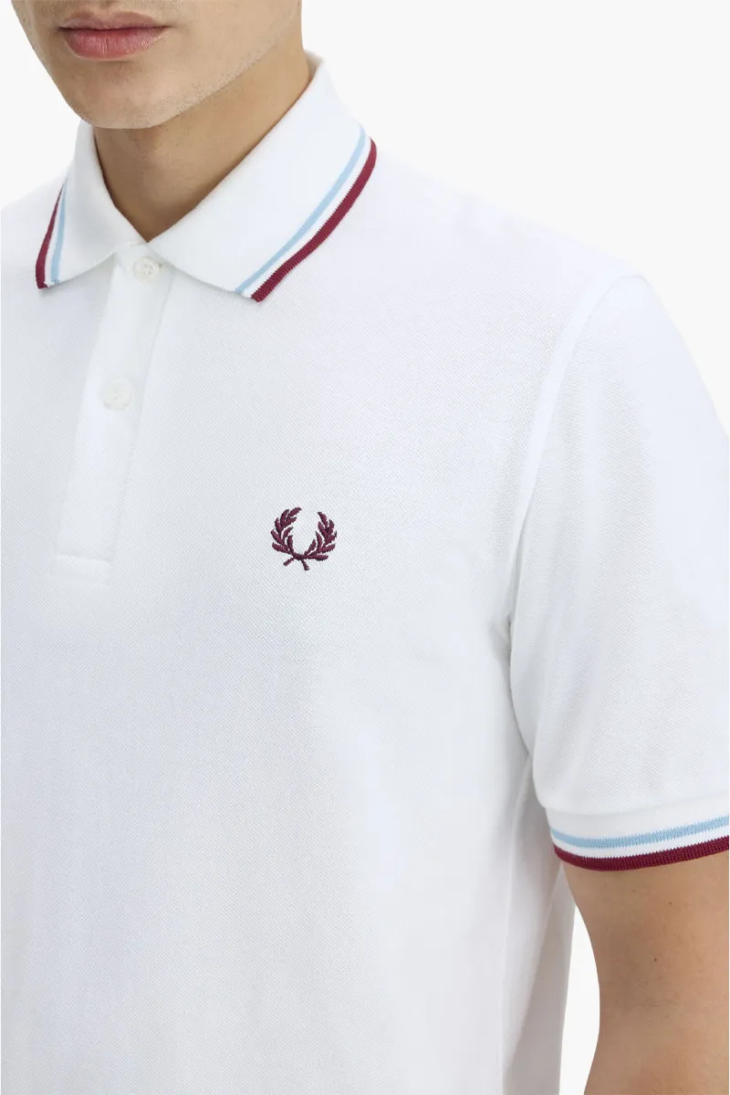 FRED PERRY Men The Original Twin Tipped Polo Shirt in White/Ice/Maroon 3