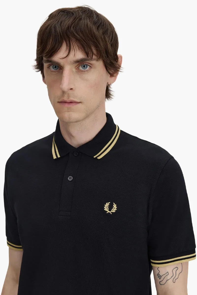 FRED PERRY Men The Original Twin Tipped Polo Shirt in Black/Champagne/Champagne 3