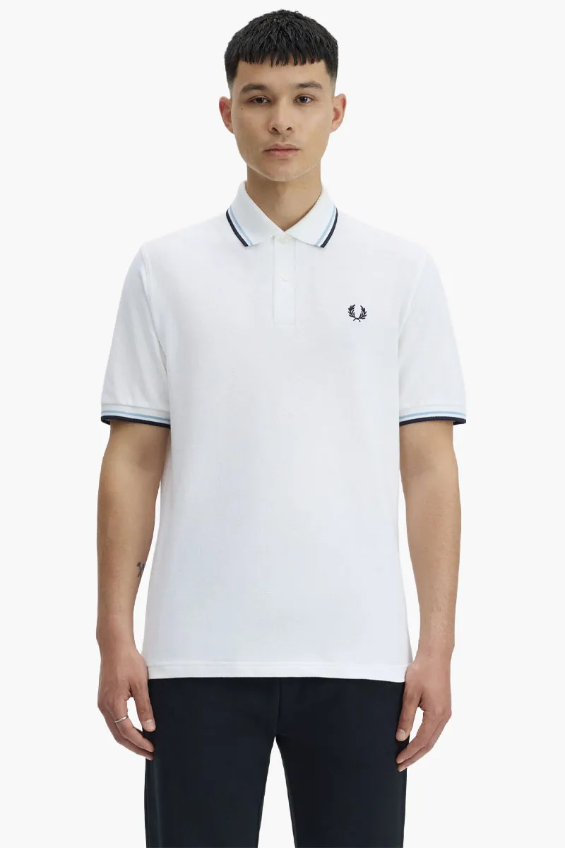 FRED PERRY Men The Original Twin Tipped Polo Shirt in White/Ice/Navy 1