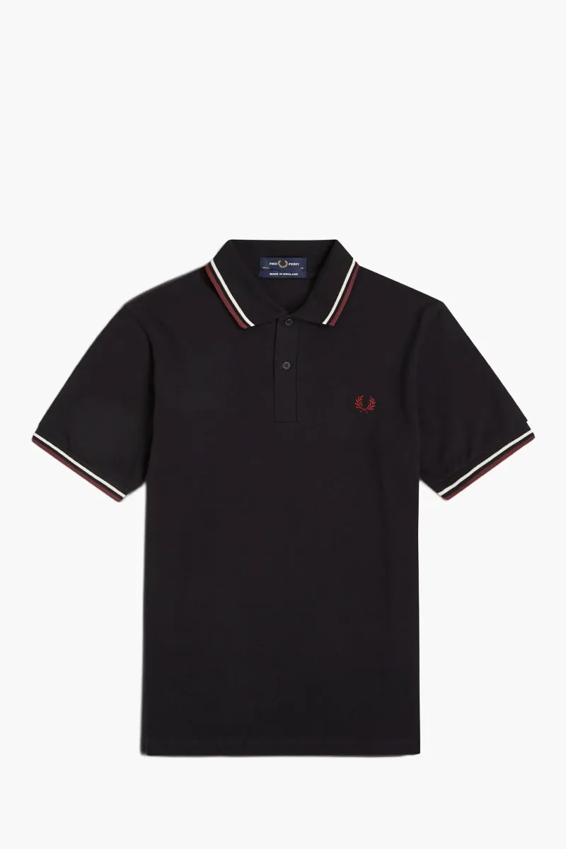 FRED PERRY Men The Original Twin Tipped Polo Shirt in Black/Ecru/Oxblood 0