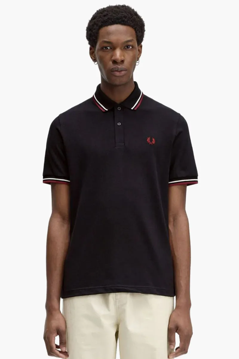 FRED PERRY Men The Original Twin Tipped Polo Shirt in Black/Ecru/Oxblood 1