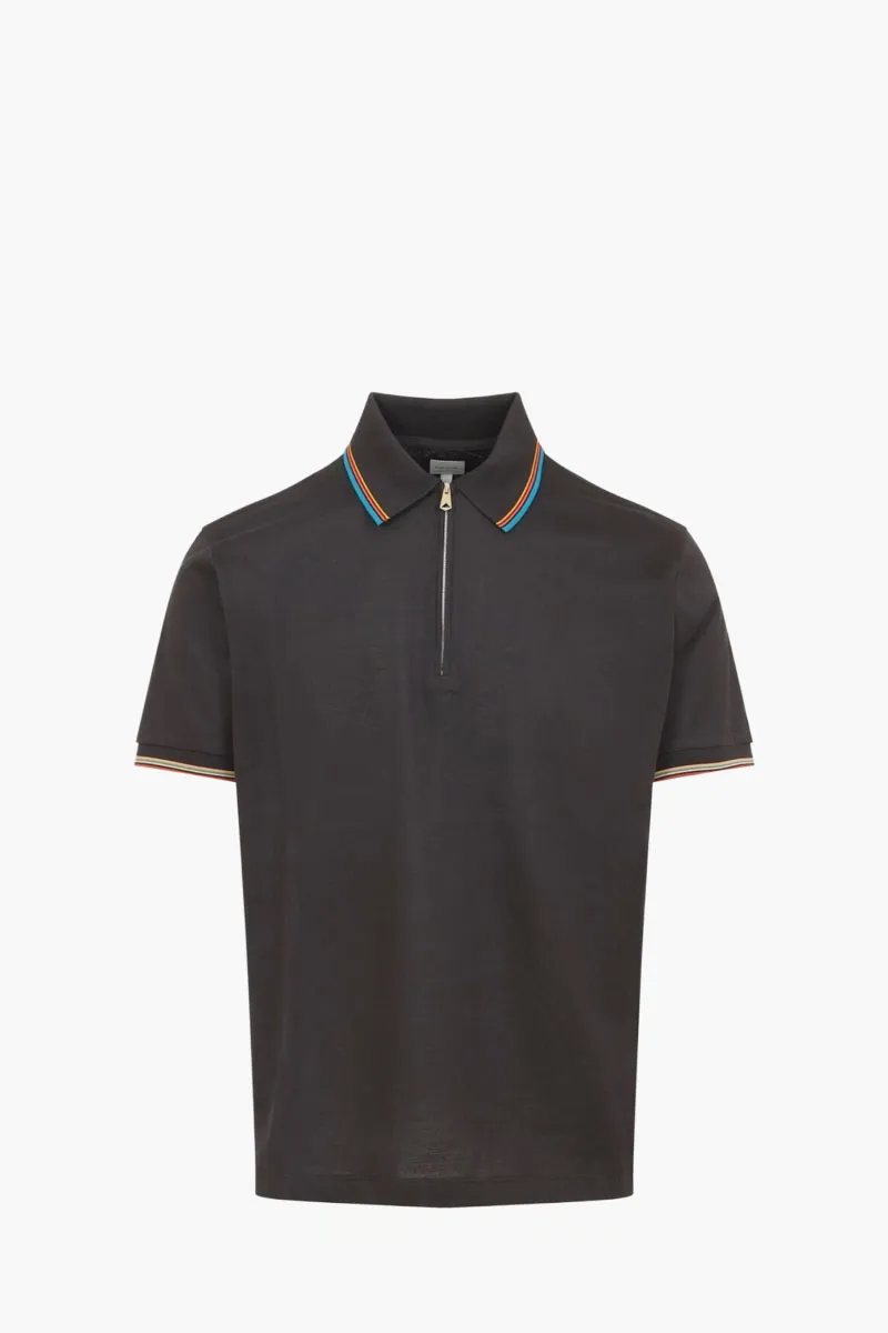 PAUL SMITH Men Signature Stripe Trim Zip Polo Shirt in Brown Cotton 0