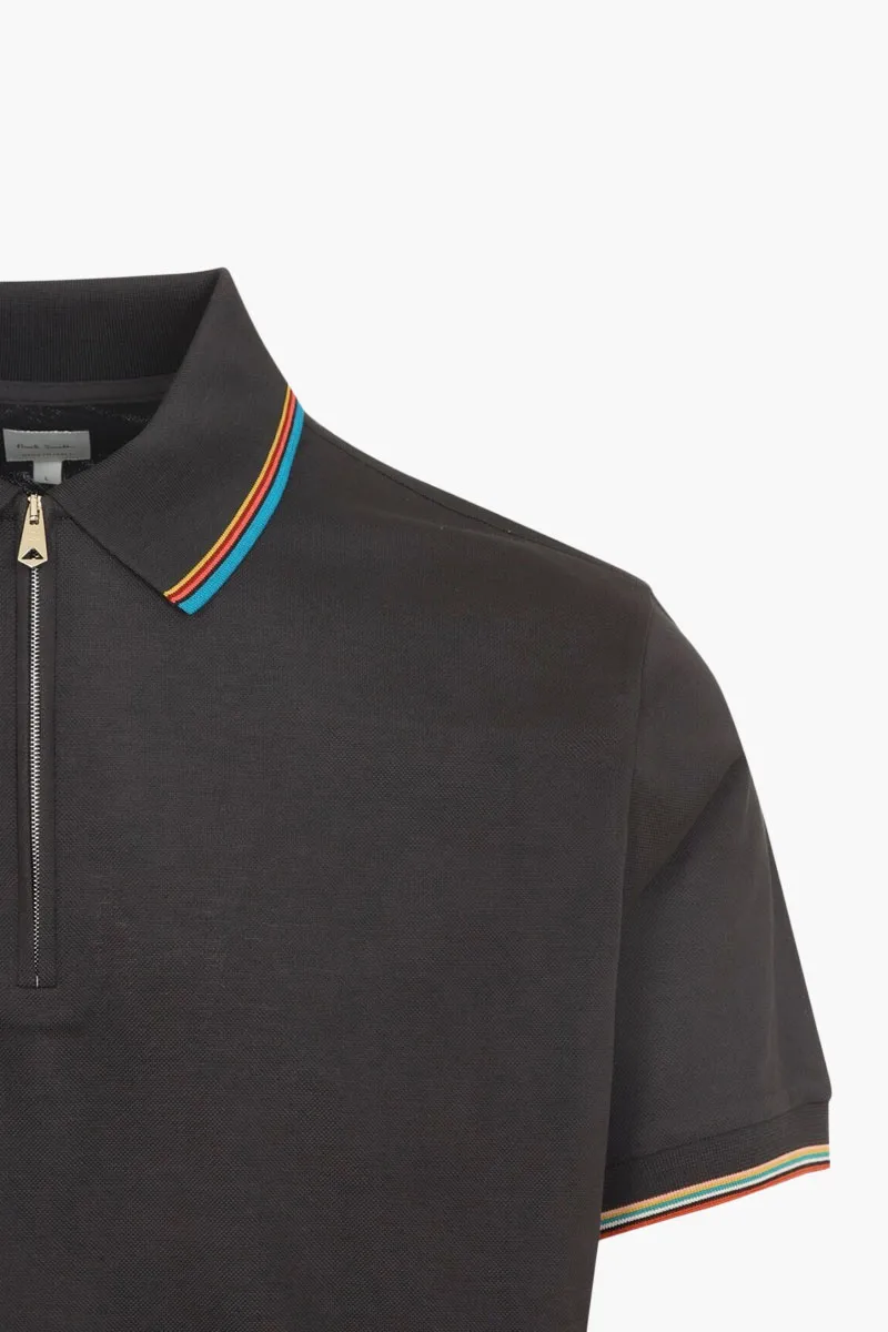 PAUL SMITH Men Signature Stripe Trim Zip Polo Shirt in Brown Cotton 2