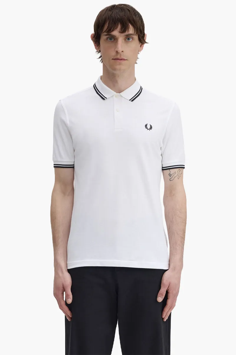 FRED PERRY Men Twin Tipped Polo Shirt in White/Black/Black Cotton 1