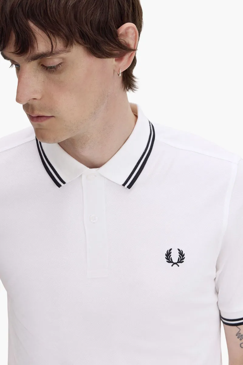 FRED PERRY Men Twin Tipped Polo Shirt in White/Black/Black Cotton 3