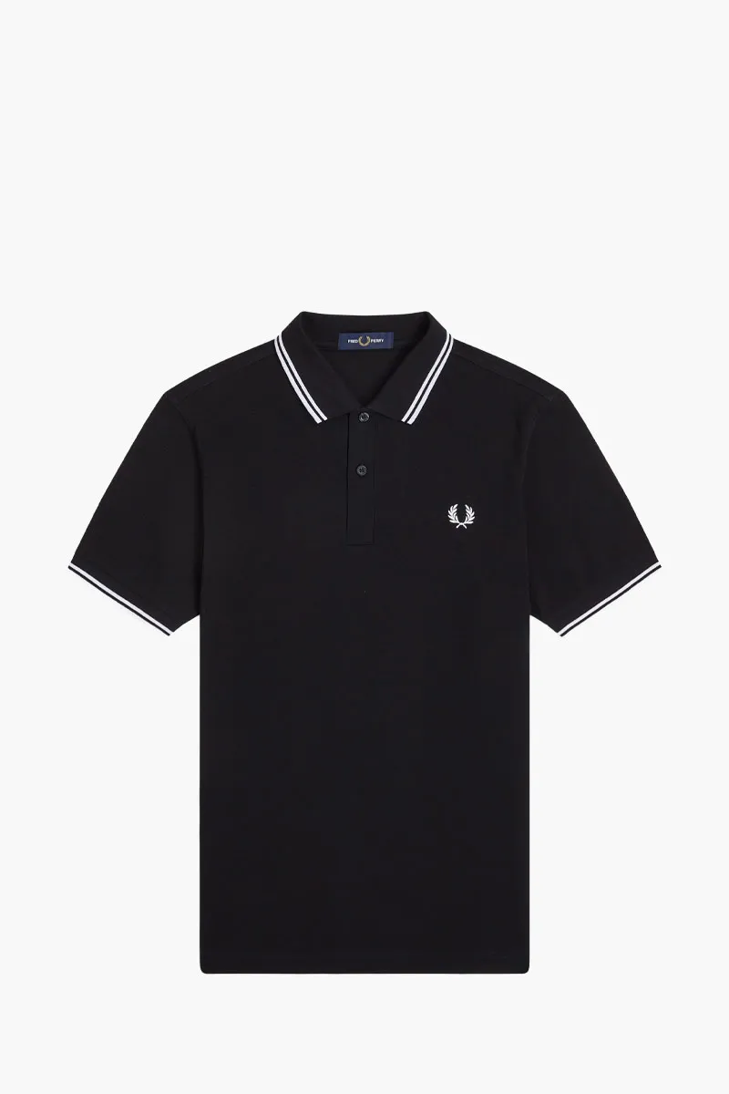 FRED PERRY Men Twin Tipped Polo Shirt in Black/White/White Cotton 0