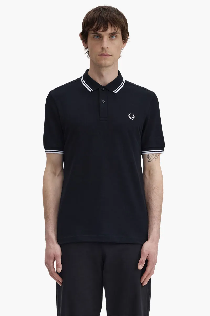 FRED PERRY Men Twin Tipped Polo Shirt in Black/White/White Cotton 1