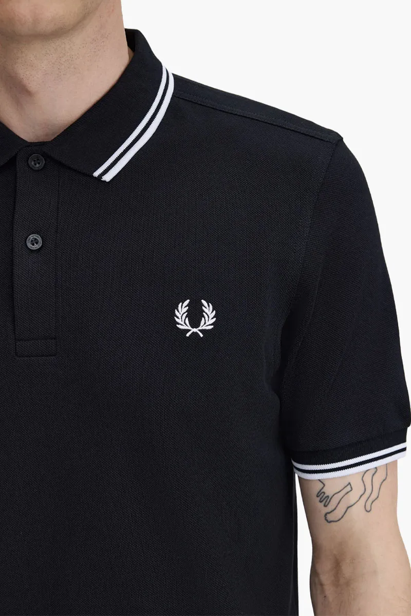 FRED PERRY Men Twin Tipped Polo Shirt in Black/White/White Cotton 3