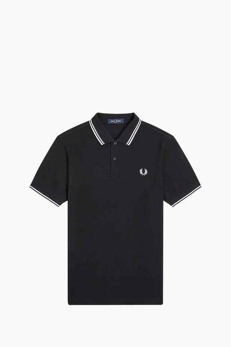 FRED PERRY Men Twin Tipped Polo Shirt in Black/White/White Cotton Pique 0