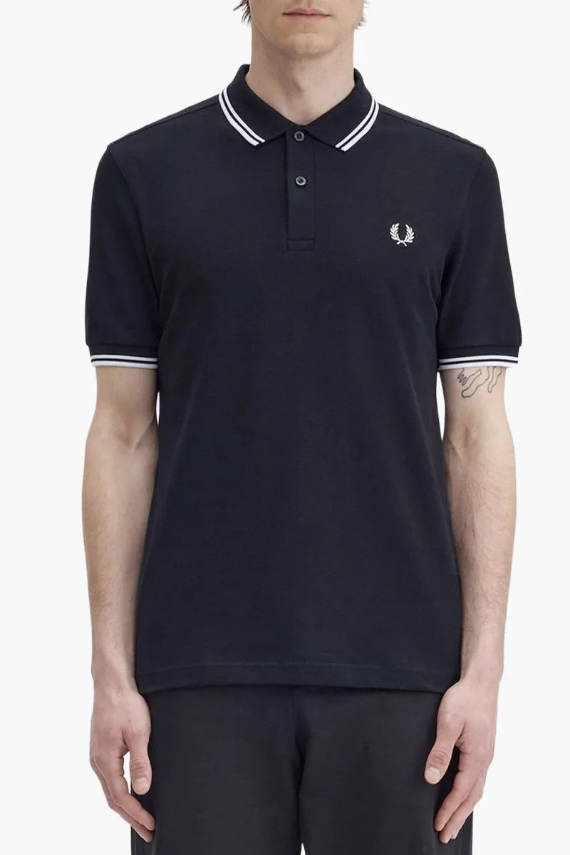 FRED PERRY Men Twin Tipped Polo Shirt in Black/White/White Cotton Pique 1