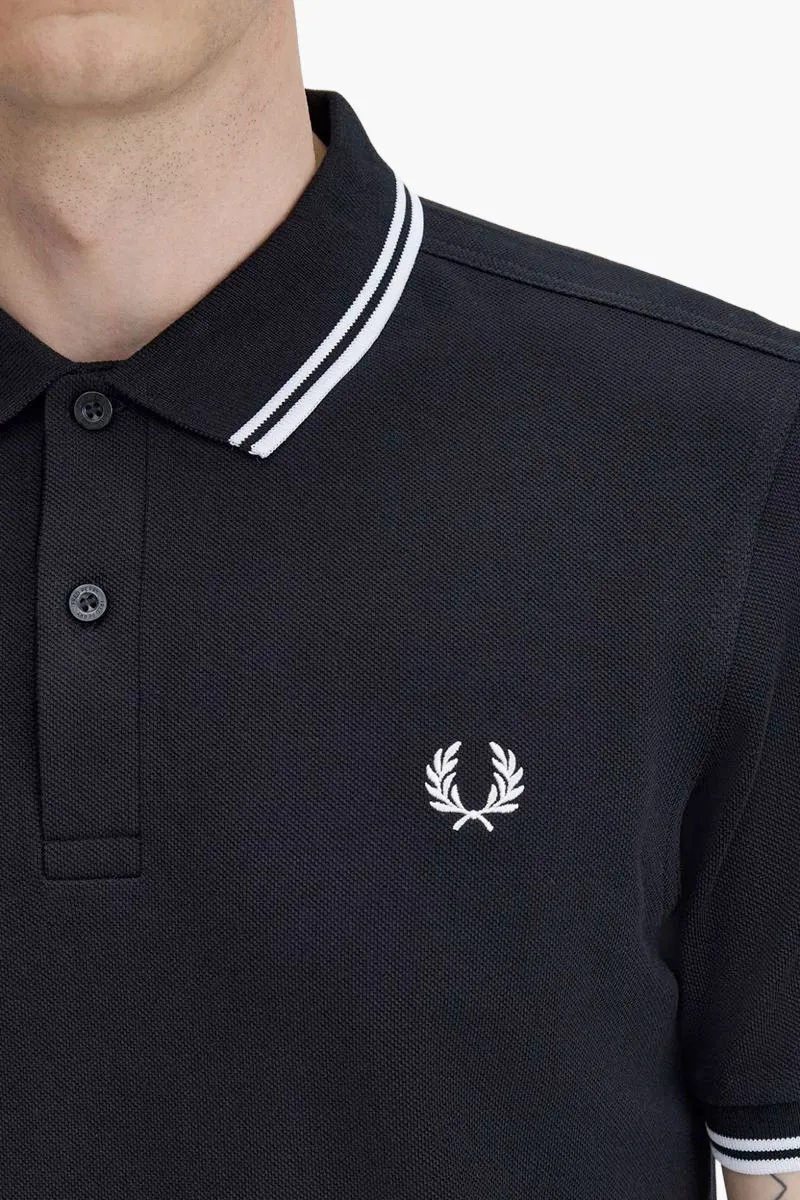 FRED PERRY Men Twin Tipped Polo Shirt in Black/White/White Cotton Pique 2