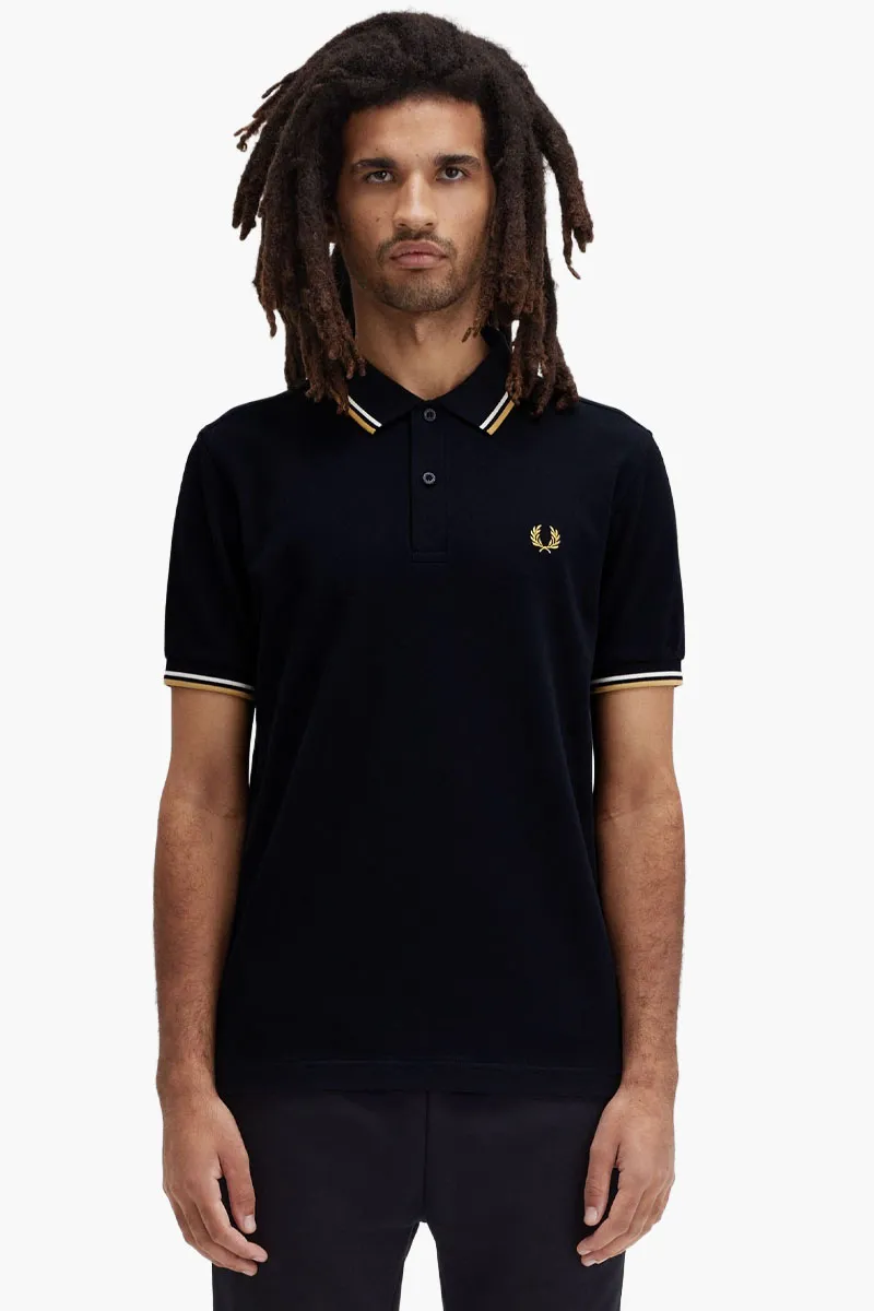 FRED PERRY Men Twin Tipped Polo Shirt in Navy/Ecru/Honeycomb Cotton 1