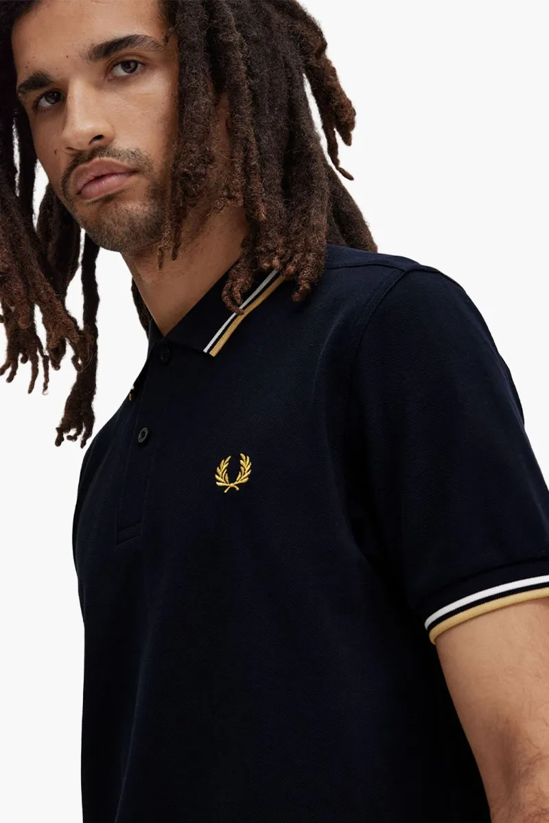 FRED PERRY Men Twin Tipped Polo Shirt in Navy/Ecru/Honeycomb Cotton 3