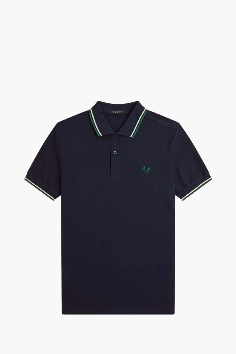 FRED PERRY Men Twin Tipped Polo Shirt in Dark Carbon/Light Ecru/Label Green Cotton 0