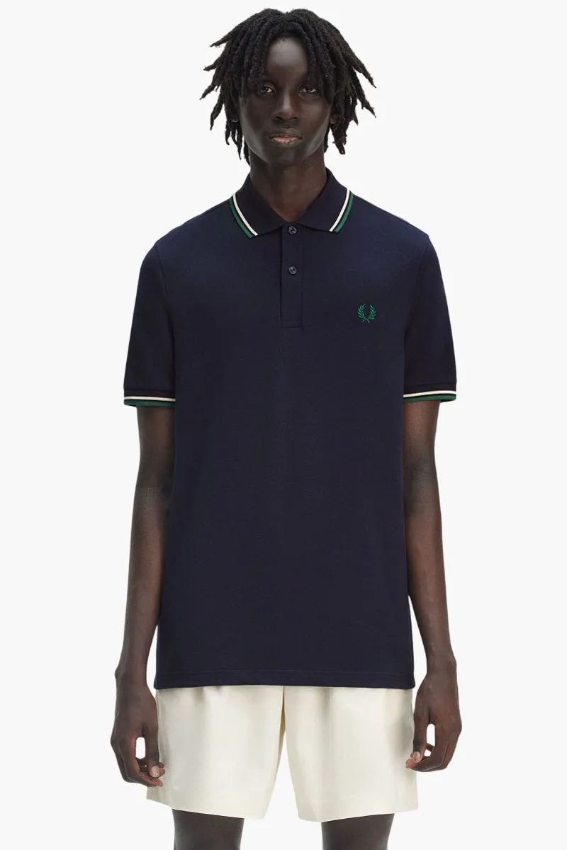 FRED PERRY Men Twin Tipped Polo Shirt in Dark Carbon/Light Ecru/Label Green Cotton 1
