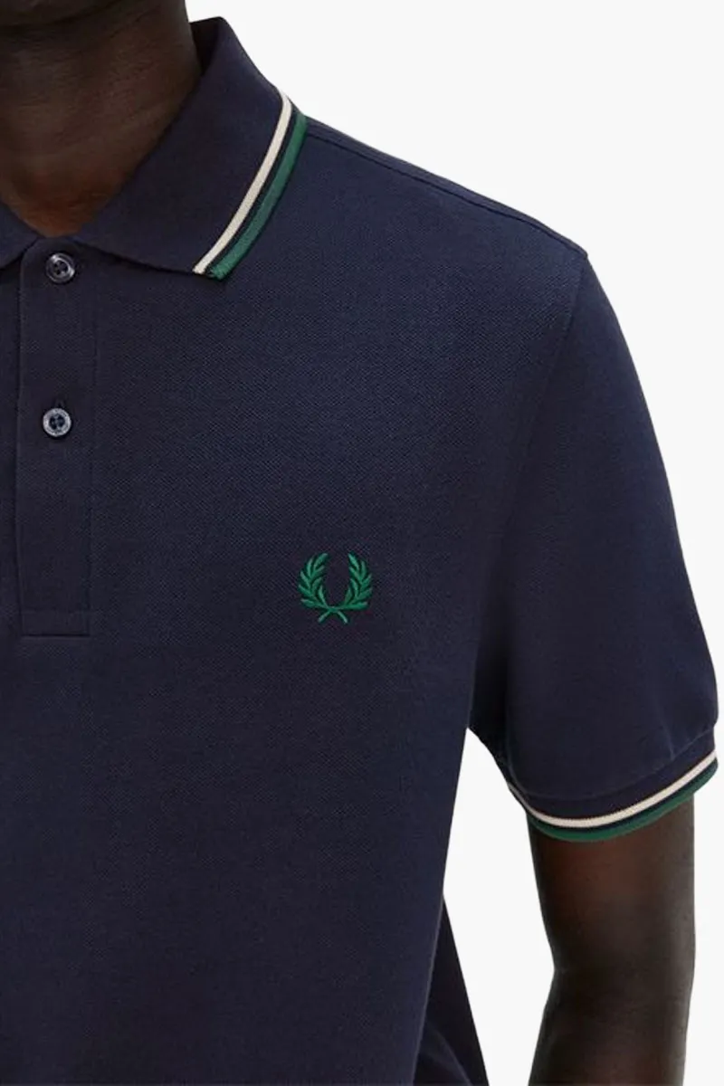 FRED PERRY Men Twin Tipped Polo Shirt in Dark Carbon/Light Ecru/Label Green Cotton 3