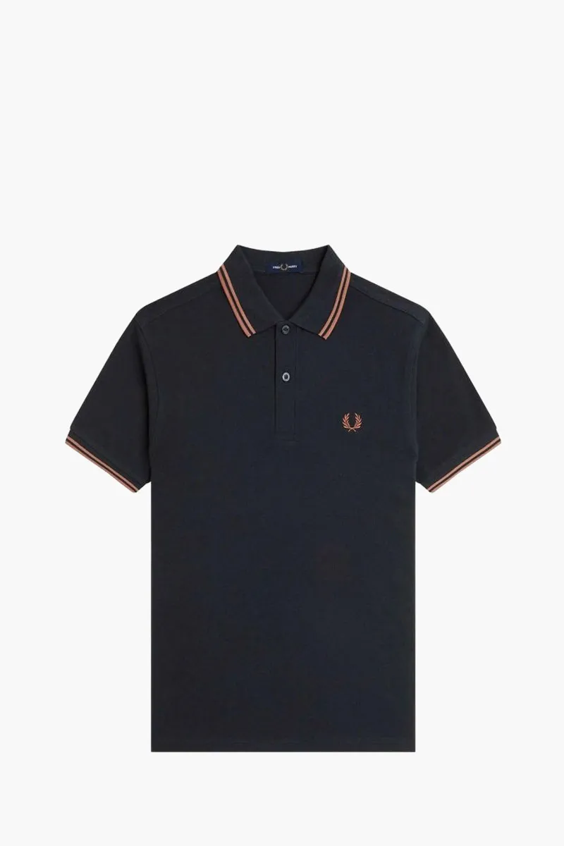 FRED PERRY Men Twin Tipped Polo Shirt in Navy/Cinnamon Cotton 0
