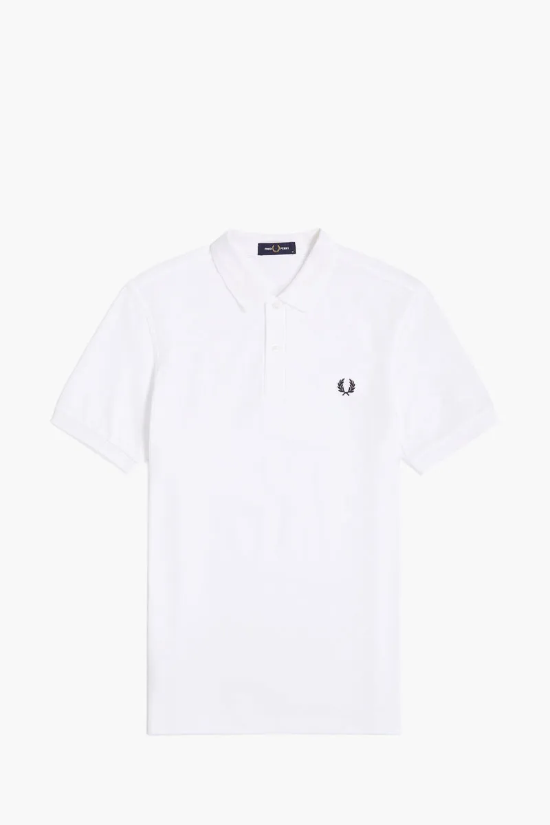 FRED PERRY Men Tennis Polo Shirt in White/Navy Classic Cotton Piqué 0