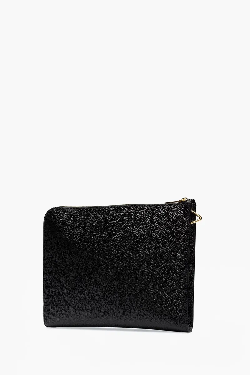 THOM BROWNE Medium RWB Strap Gusset Folio Bag in Black Pebble Grain Leather 1