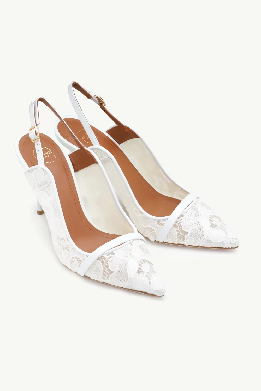 MALONE SOULIERS Marion Lace Bridal Slingback Pumps 85mm in White/White 1