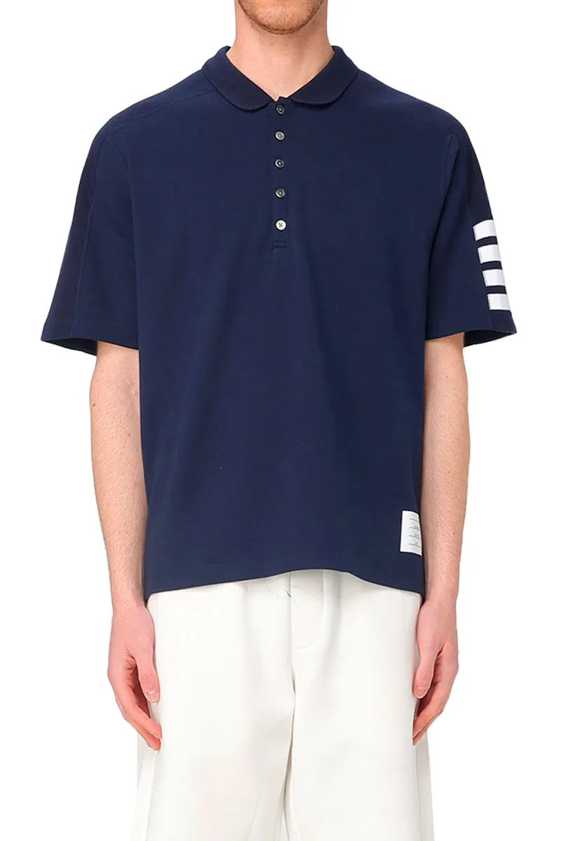 THOM BROWNE Men 4-Bar Mini Collar Polo Shirt in Navy Cotton 3