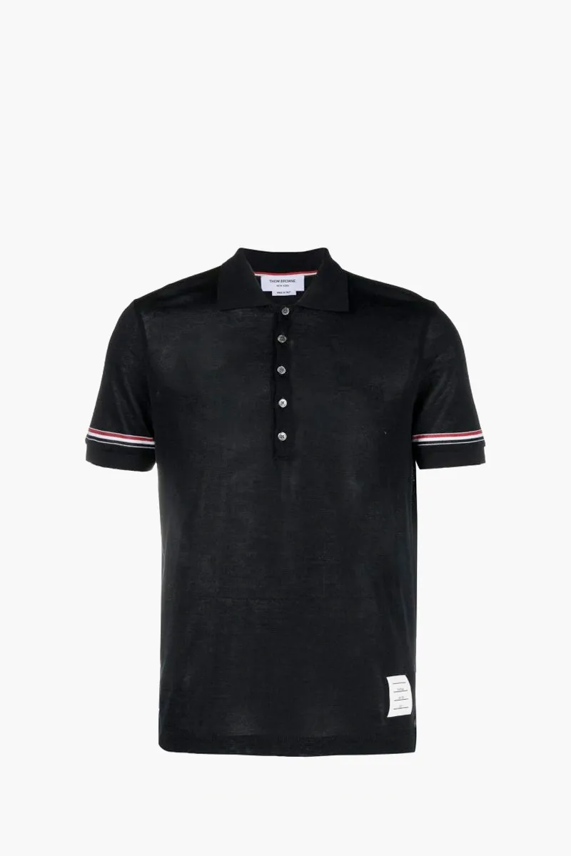 THOM BROWNE Men Knit RWB Stripe Polo Shirt in Navy Lightweight Cotton 0