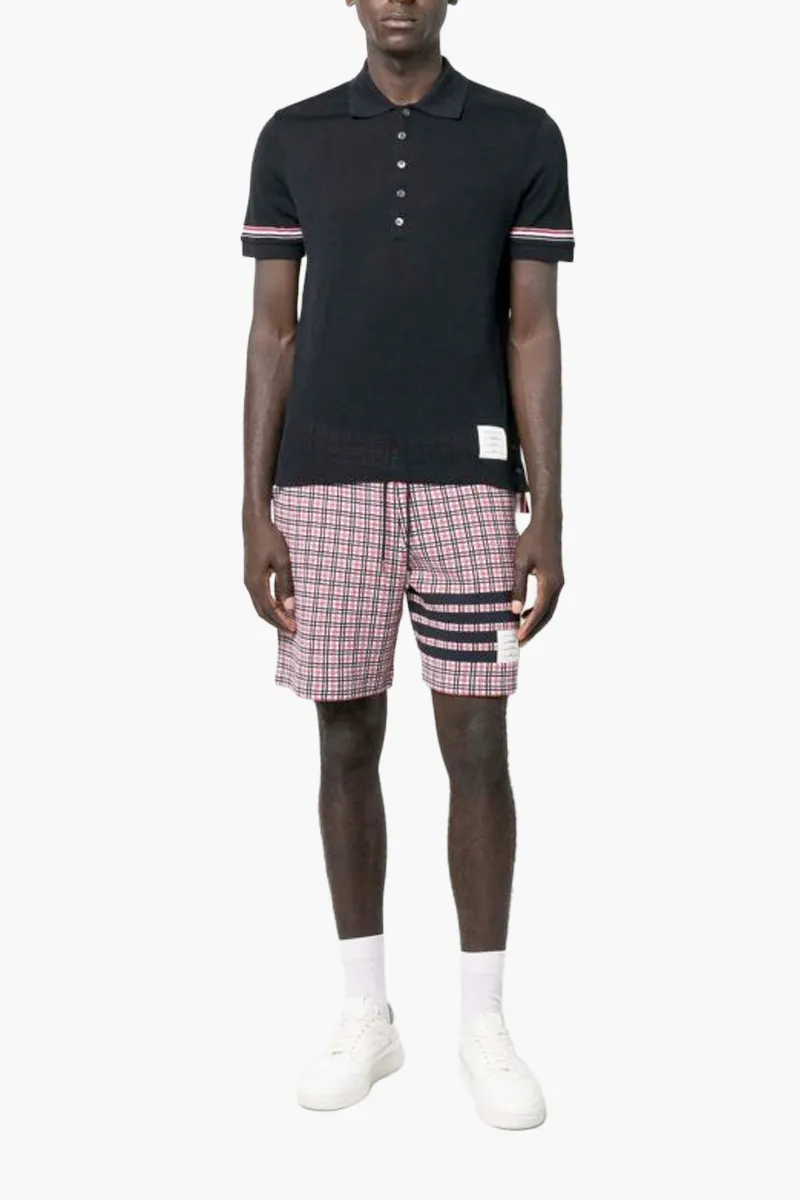 THOM BROWNE Men Knit RWB Stripe Polo Shirt in Navy Lightweight Cotton 1