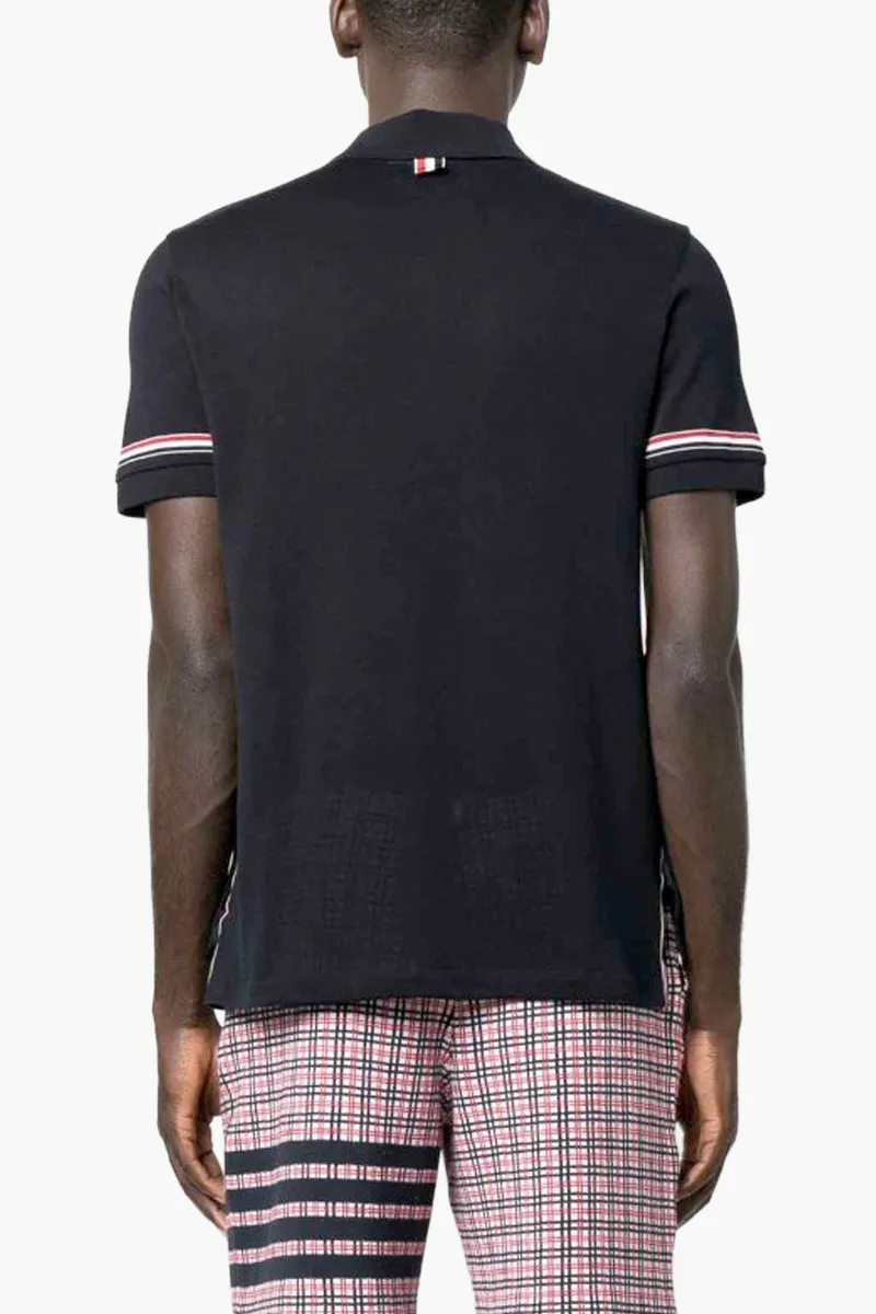 THOM BROWNE Men Knit RWB Stripe Polo Shirt in Navy Lightweight Cotton 2