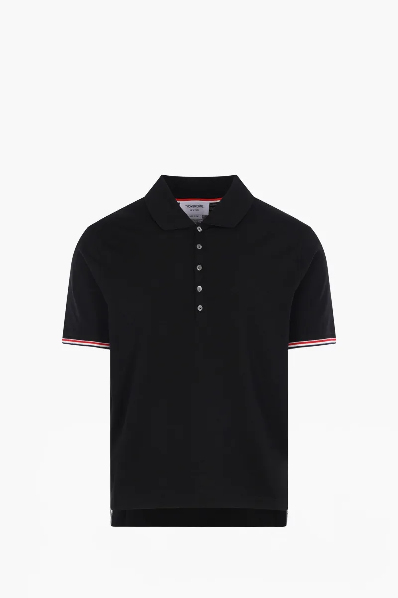 THOM BROWNE Men RWB Striped Rib Cuff Polo Shirt in Black Wool Jersey 0