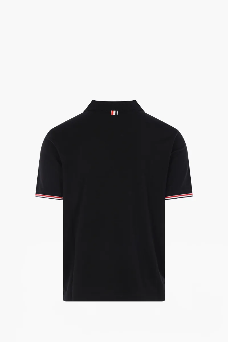 THOM BROWNE Men RWB Striped Rib Cuff Polo Shirt in Black Wool Jersey 1