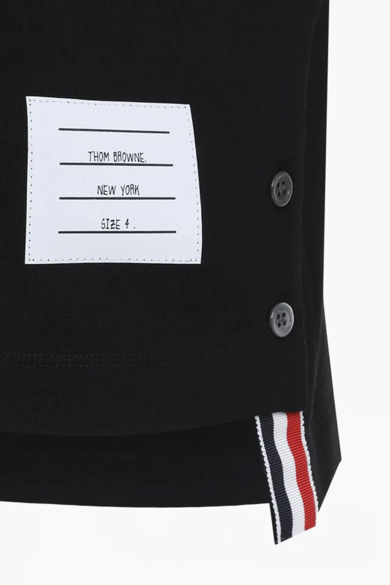 THOM BROWNE Men RWB Striped Rib Cuff Polo Shirt in Black Wool Jersey 2