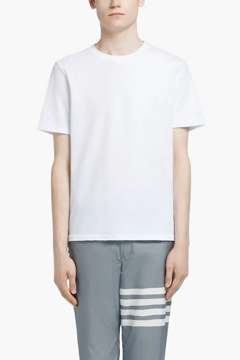 THOM BROWNE Men Center Back Stripe Pique T-Shirt in White Cotton 2