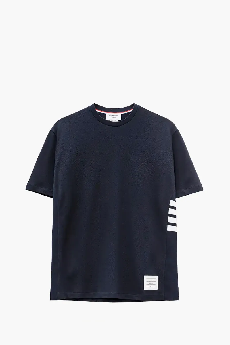 THOM BROWNE Men Logo Pique 4-Bar T-Shirt in Navy Cotton 0