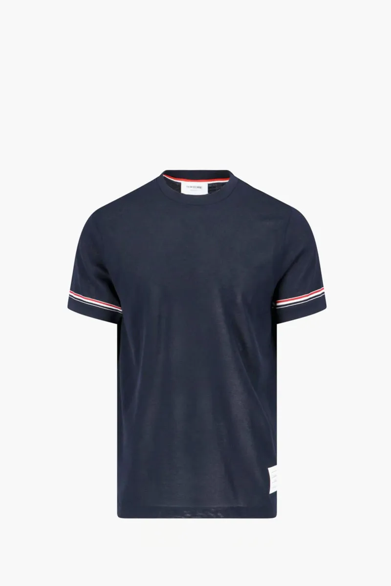 THOM BROWNE Men Short Sleeve Striped Tee in Navy Lightweight Cotton with RWB Stripe 0