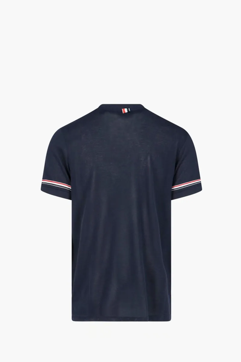 THOM BROWNE Men Short Sleeve Striped Tee in Navy Lightweight Cotton with RWB Stripe 1