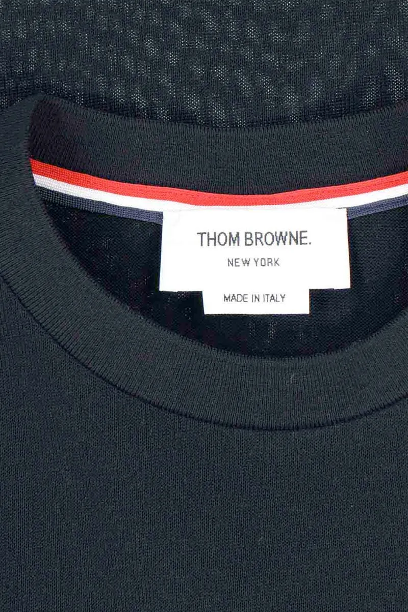 THOM BROWNE Men Short Sleeve Striped Tee in Navy Lightweight Cotton with RWB Stripe 2