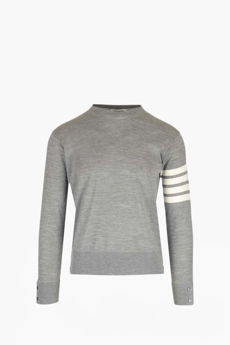 THOM BROWNE Men Classic 4-Bar Stripe Crewneck Sweater in Light Grey/White Wool 0