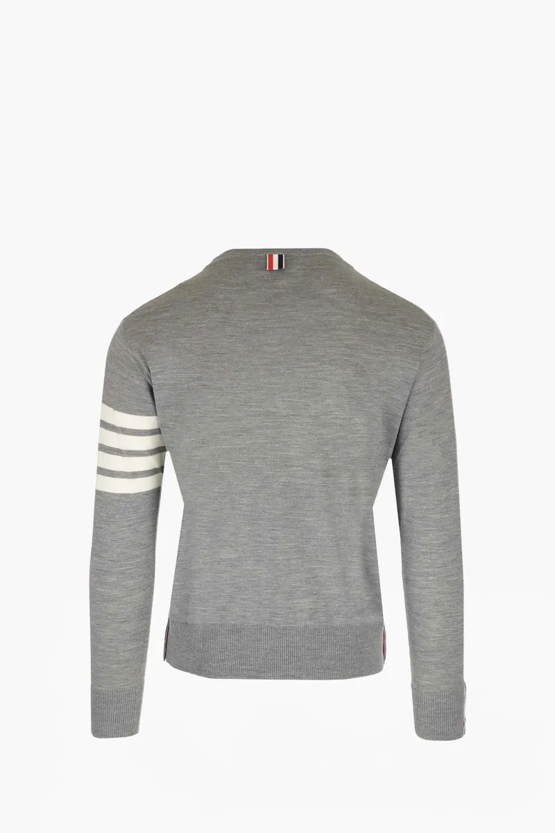 THOM BROWNE Men Classic 4-Bar Stripe Crewneck Sweater in Light Grey/White Wool 1