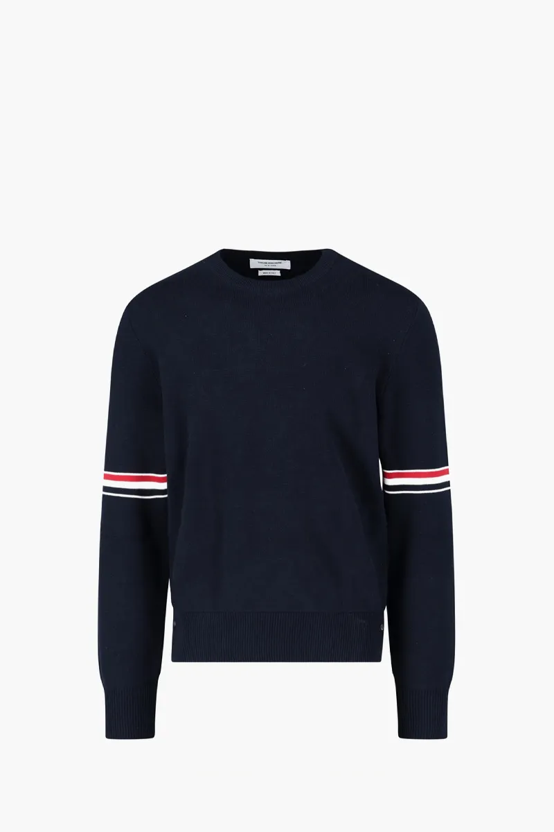 THOM BROWNE Men Tricolour Detail Sweater in Navy Cotton 0