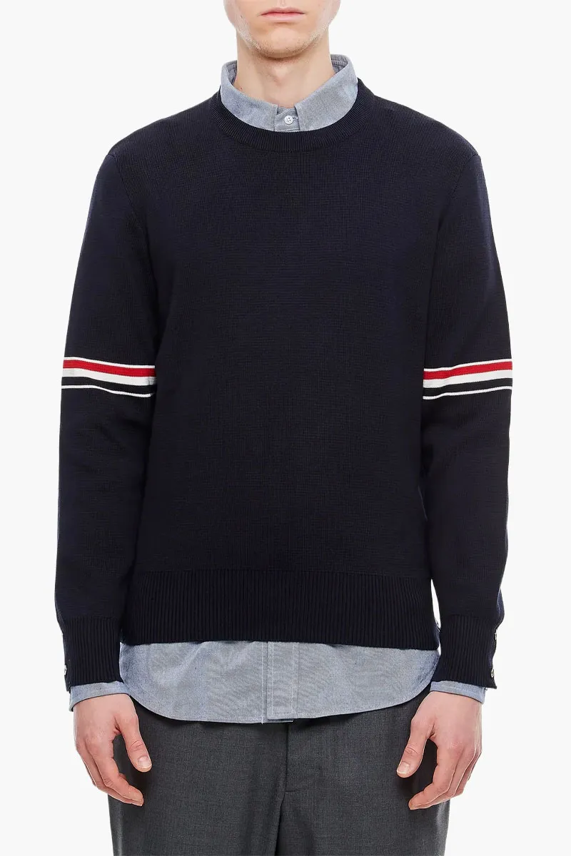 THOM BROWNE Men Tricolour Detail Sweater in Navy Cotton 1