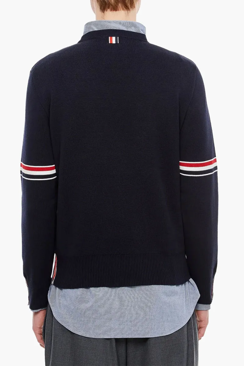 THOM BROWNE Men Tricolour Detail Sweater in Navy Cotton 2