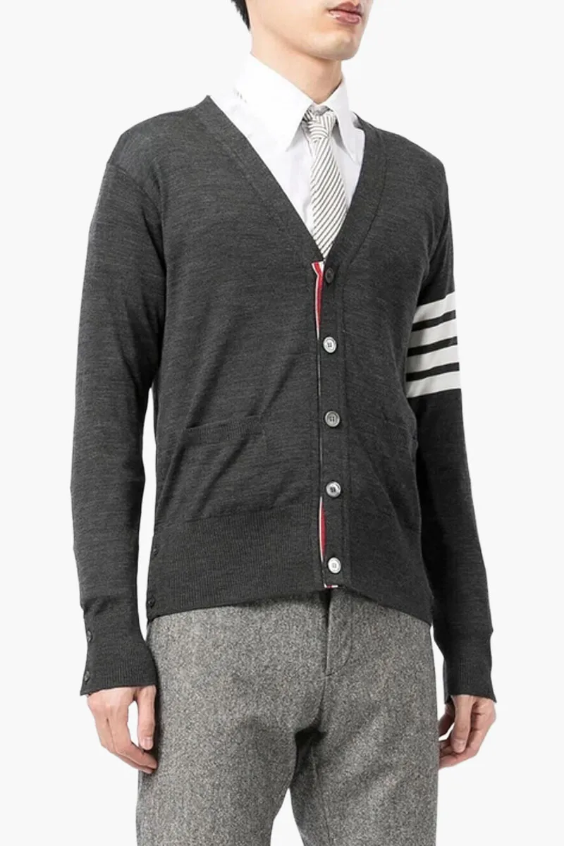 THOM BROWNE Men Classic 4-Bar V-Neck Cardigan in Dark Grey Wool 1
