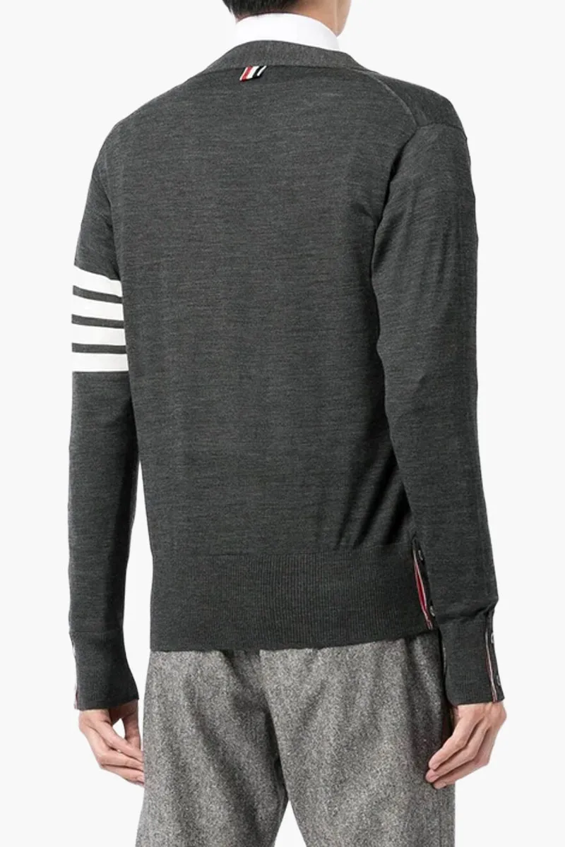THOM BROWNE Men Classic 4-Bar V-Neck Cardigan in Dark Grey Wool 2