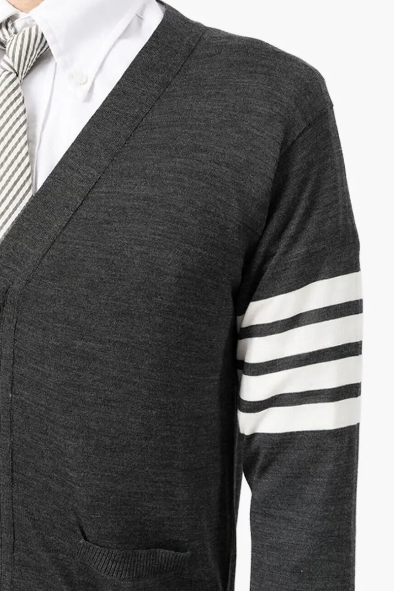 THOM BROWNE Men Classic 4-Bar V-Neck Cardigan in Dark Grey Wool 3